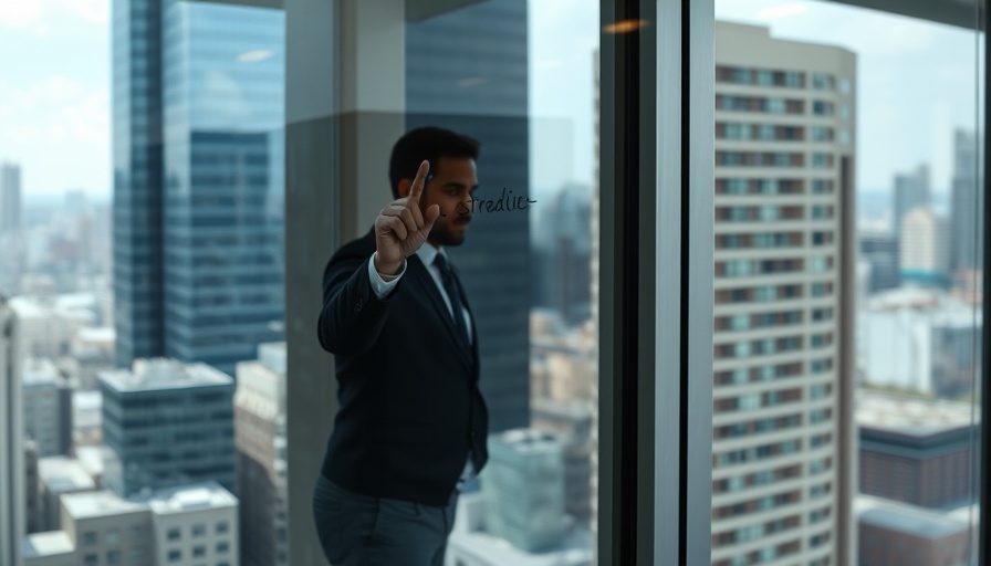 Person strategizing in office window, urban view with reflections.