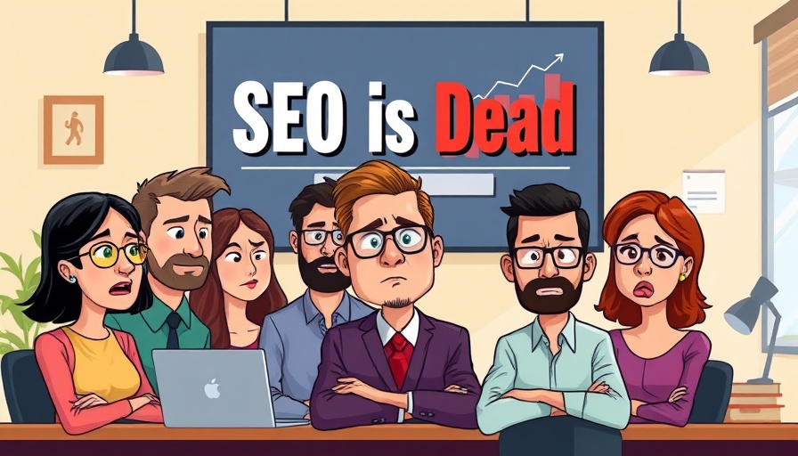 Illustrated worried team discussing SEO strategies in an office.