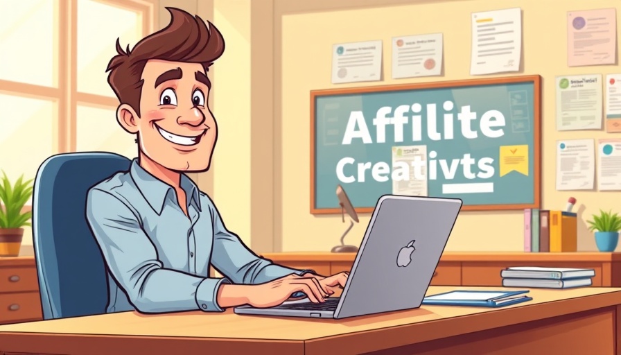 Illustrated guide on affiliate creatives access strategies with cartoon character.
