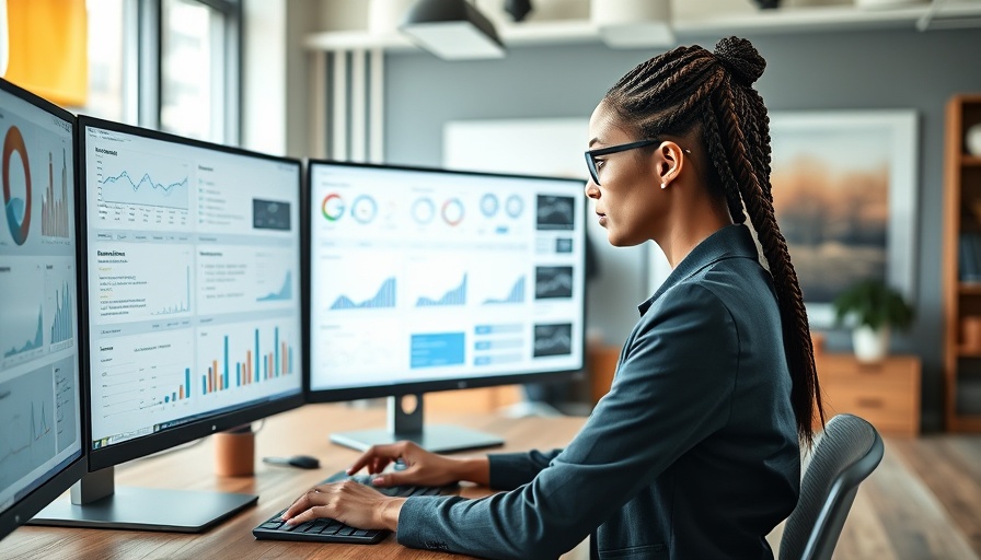 Focused professional analyzing digital marketing ads on three monitors in a modern office.