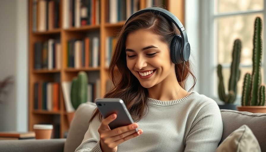 Relaxed woman enjoying trending Instagram audio in a cozy room.