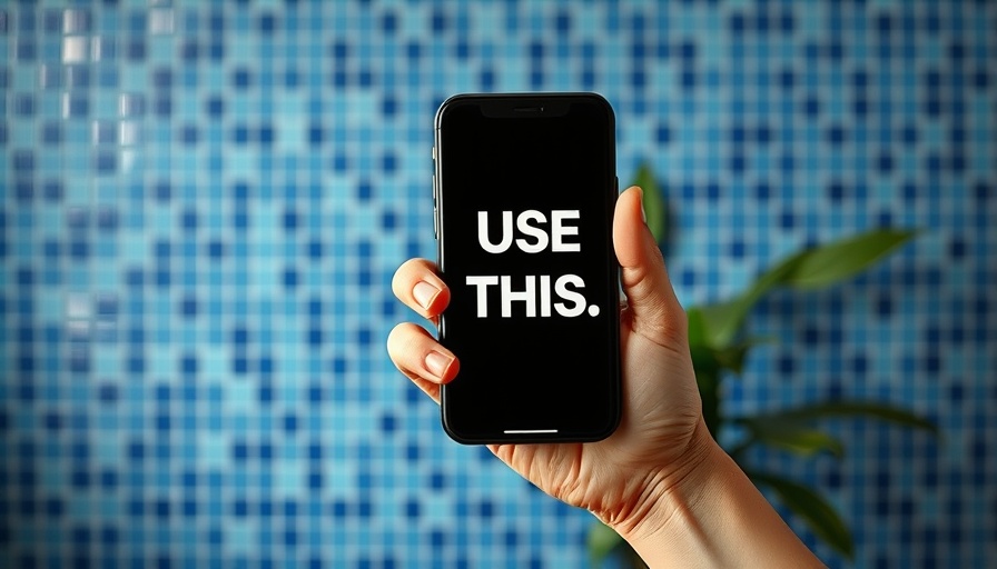 Hand with phone displaying 'USE THIS' text, mosaic wall.