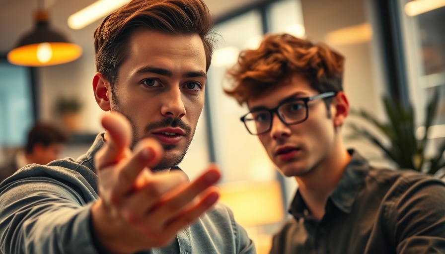 Young man discussing niche social media platforms for affiliate marketing in office.