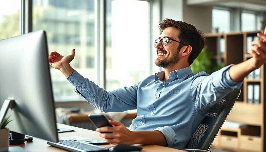 Man stretches at desk after successful email marketing task.