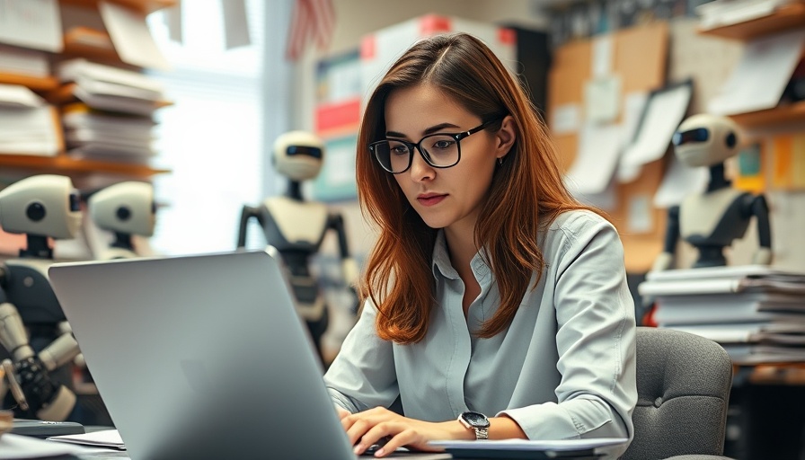 Young woman crafting content with intention amidst notes and robots