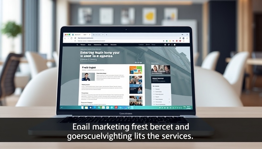 Laptop showing email marketing strategy site with humor overlay.