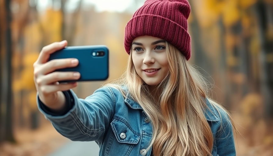 Young woman in denim jacket takes selfie, focuses on Instagram Stories engagement.
