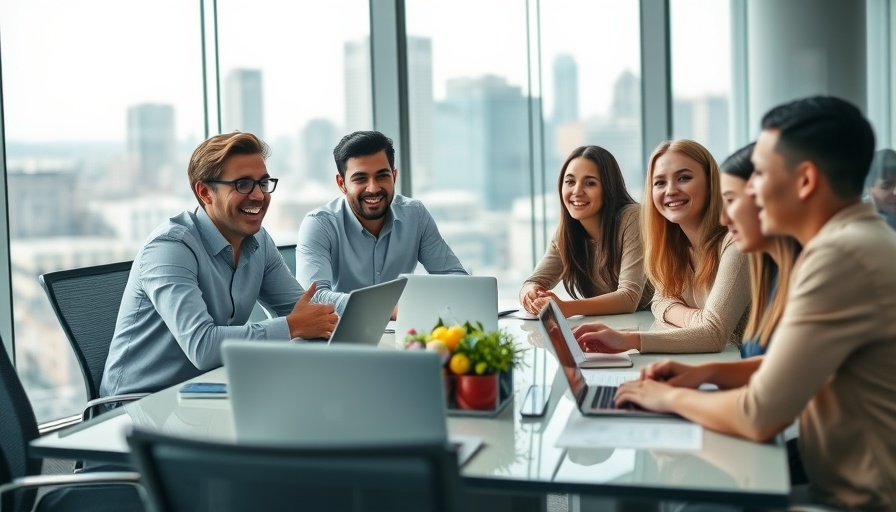 Young professionals discuss affiliate marketing success with social media.