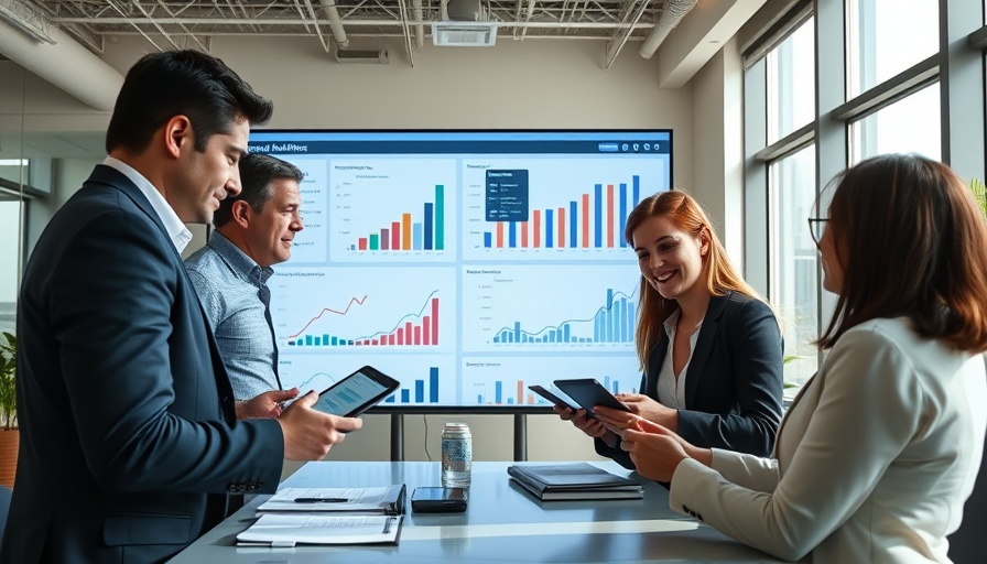 Group of business people discuss social media marketing analytics.