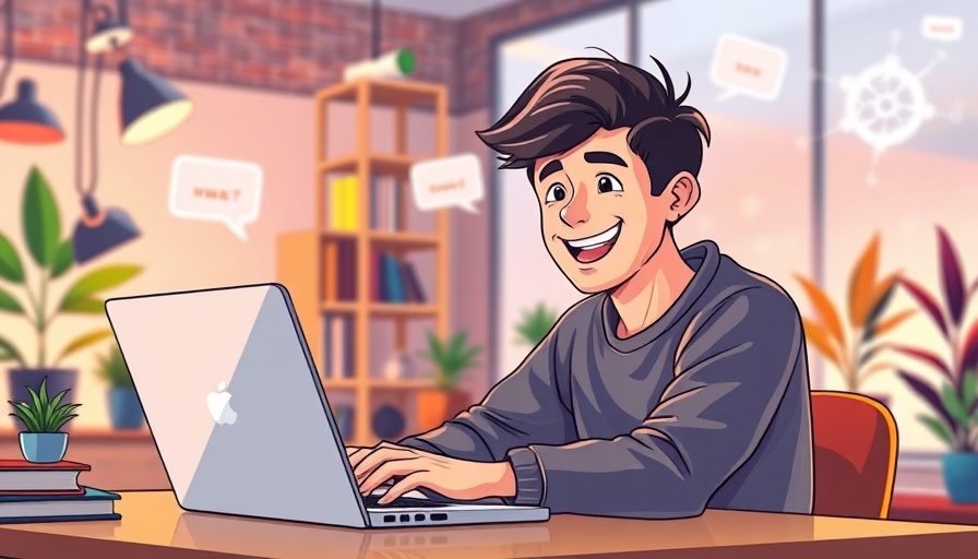 Illustration of man at laptop with AI and communication symbols.