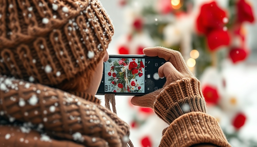 Winter scene of a person taking a photo in snow for Instagram repost.