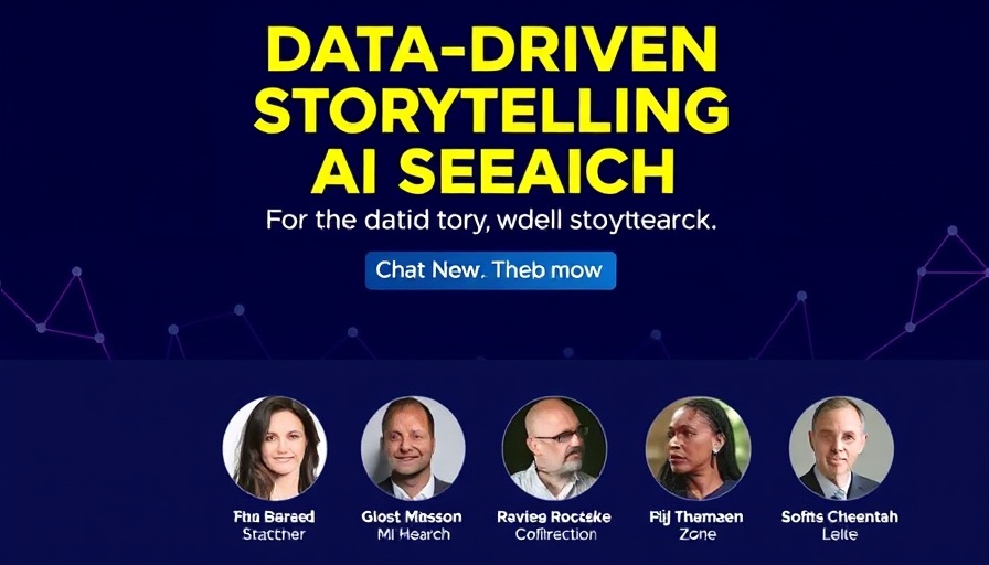 Promotional banner for data-driven storytelling and AI search event with speaker images.