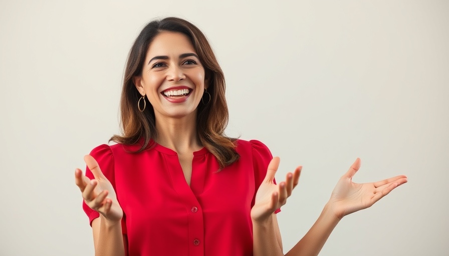 Smiling woman gesturing indoors, learning how to write a press release.