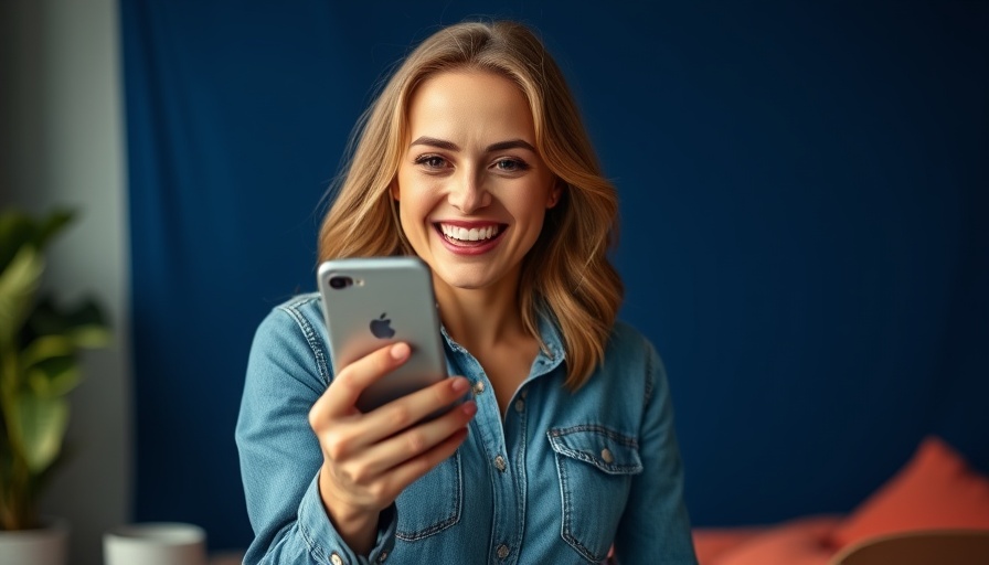 Smiling woman with smartphone searching for trending Instagram reels.