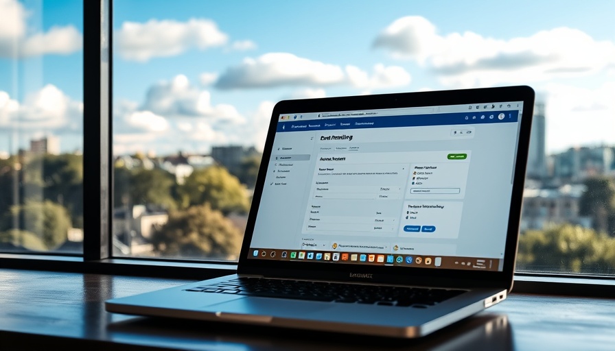 Laptop showing email marketing strategy software in front of a city view.