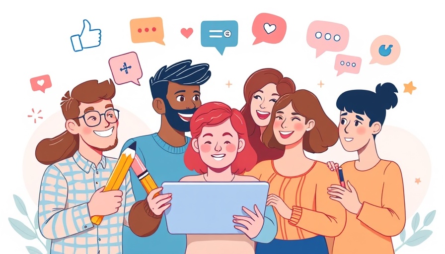 Illustrated team engaging in content marketing communication.