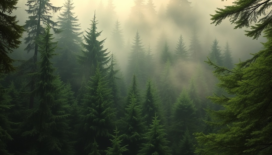 Misty evergreen forest perfect for Wisconsin outdoor activities.