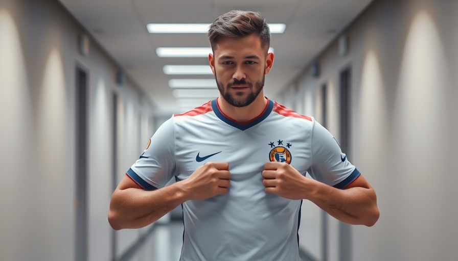 Man adjusting sports jersey in modern hallway.
