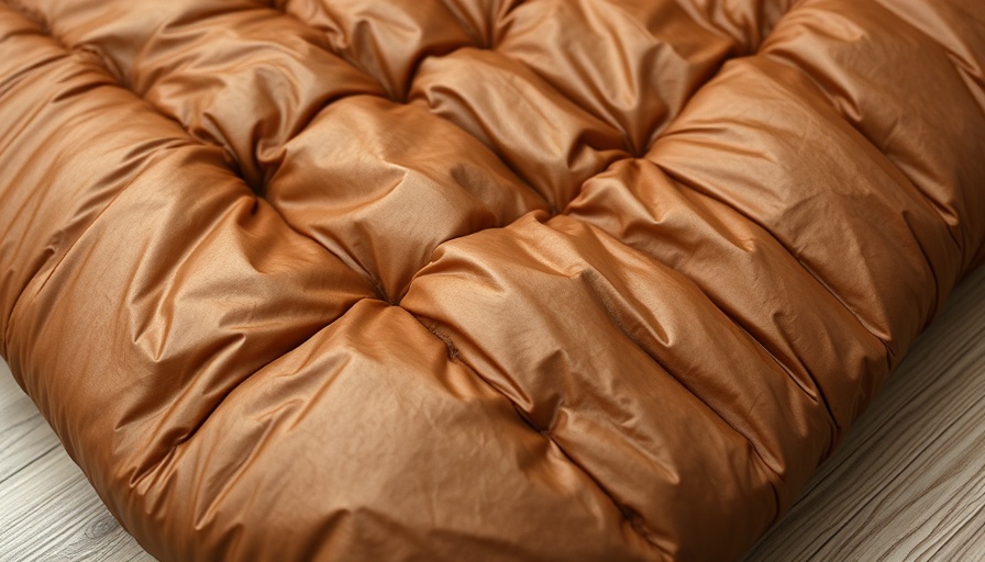 Close-up of a brown down sleeping bag baffles for repair.