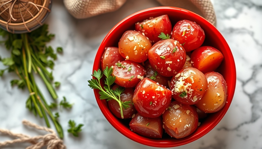 Boiled red potatoes in a bowl with herbs and cheese.