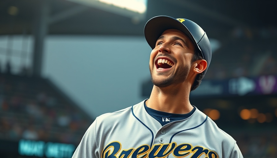 Excited baseball player smiling during a game in Brewers uniform.