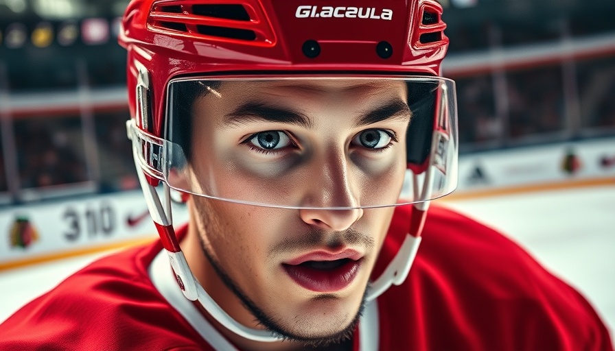 Hockey game schedule with focused player in red gear.