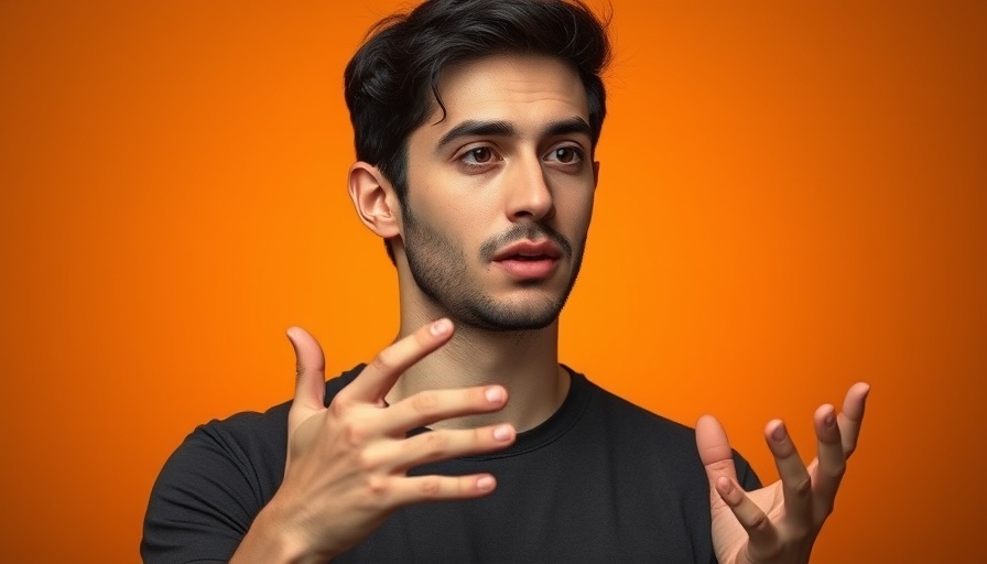 Young man explaining digital marketing ads against an orange background.