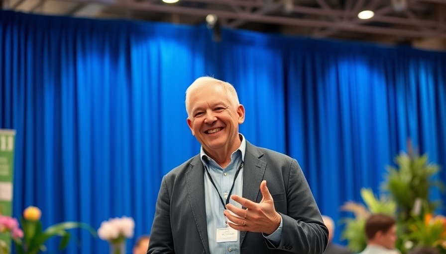 Wisconsin garden expo speaker smiling in front of blue curtains.
