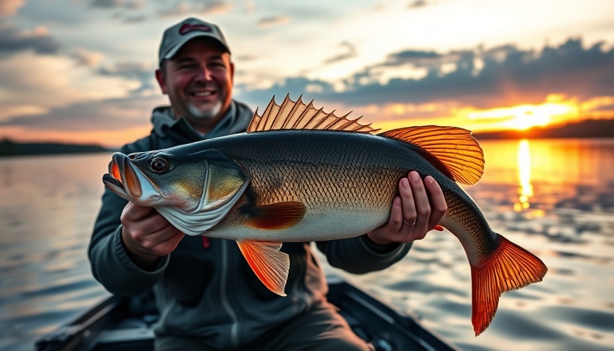 Wisconsin fishing tournaments scene with angler and walleye at sunset.