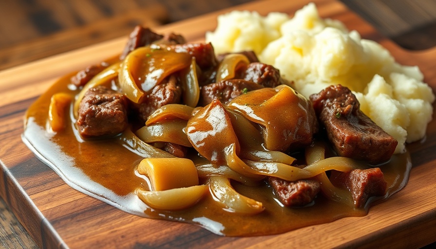 Liver and Onions with Gravy, served with mashed potatoes on a wooden board.
