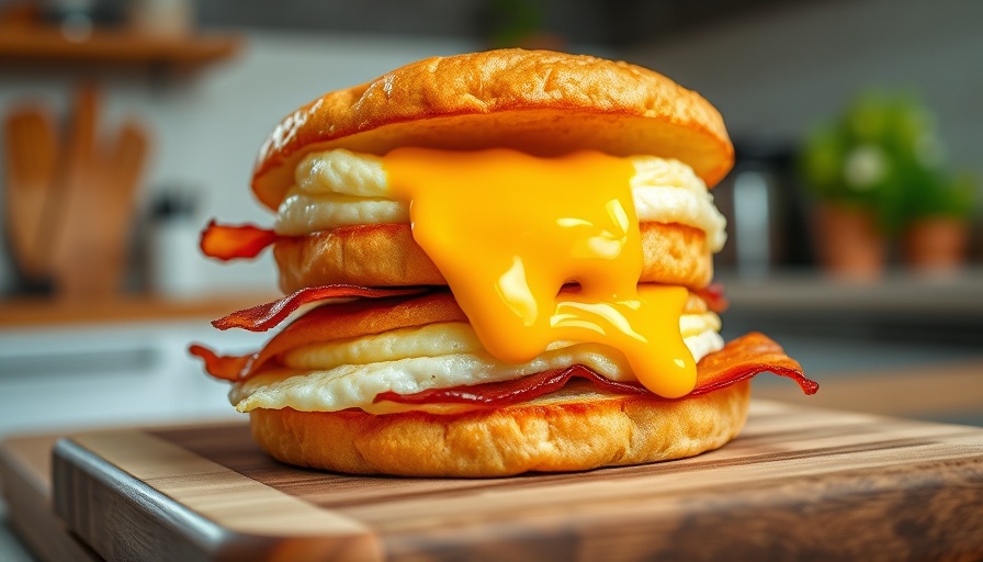 Mouthwatering fried egg sandwich with crispy bacon on wooden board