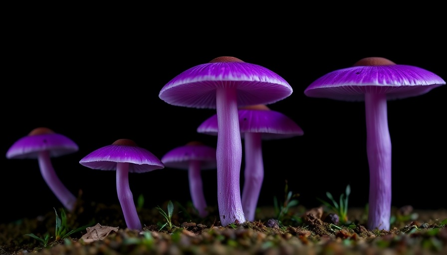 Vibrant purple mushrooms in darkness, Wisconsin outdoor adventures.