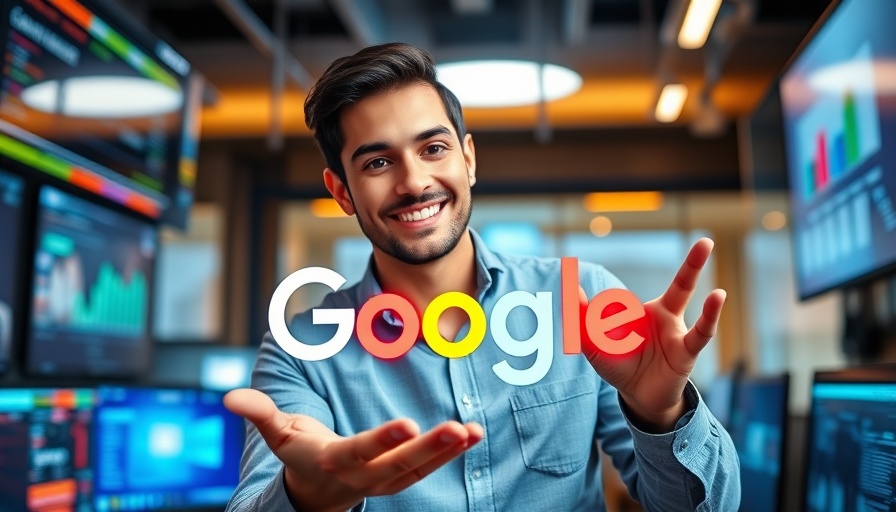 Charismatic man in digital marketing ad with virtual Google logo.