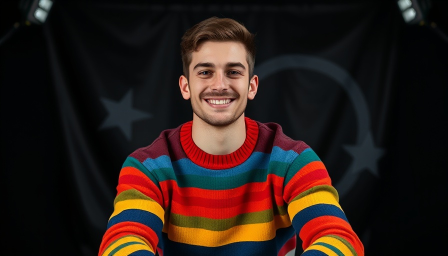 Wisconsin sports teams feature confident man in striped sweater and beanie.