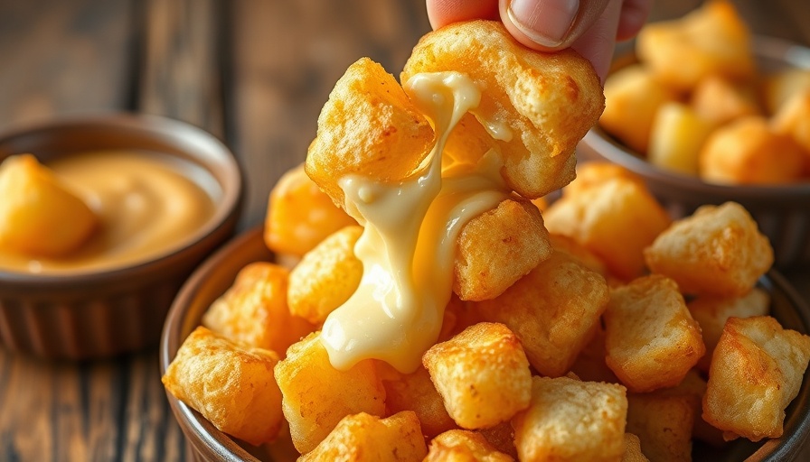 Delicious Wisconsin cheese curds being pulled apart in a bowl.