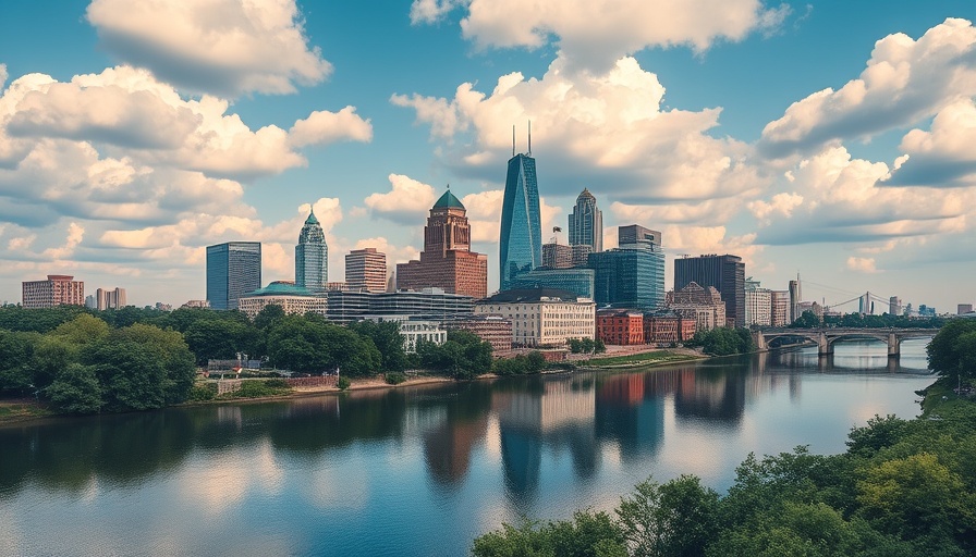 Philadelphia skyline reflecting in river on sunny day