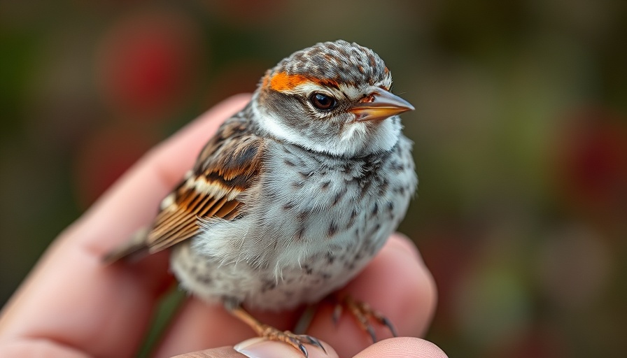 Close-up of a saltmarsh sparrow held gently in hand, saving the saltmarsh sparrow.