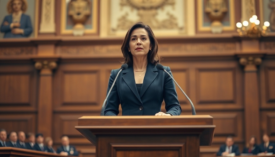 Confident woman standing at podium in formal chamber, warm lighting.