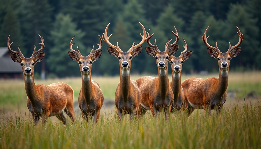 Deer group in Wisconsin meadow, alert amid tall grass.