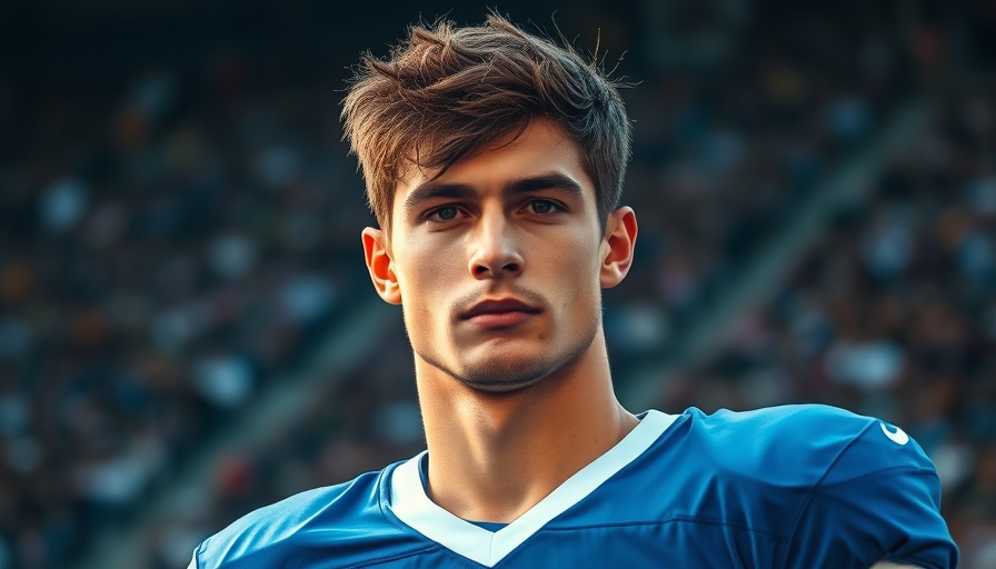 2025 NFL Draft prospect in blue jersey, serious expression, stadium backdrop.