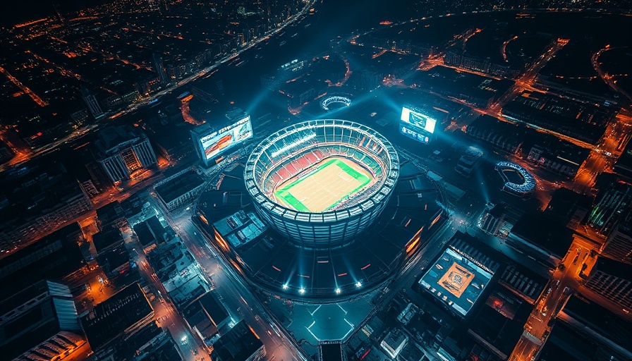 Aerial night view of a brightly lit stadium surrounded by city lights.