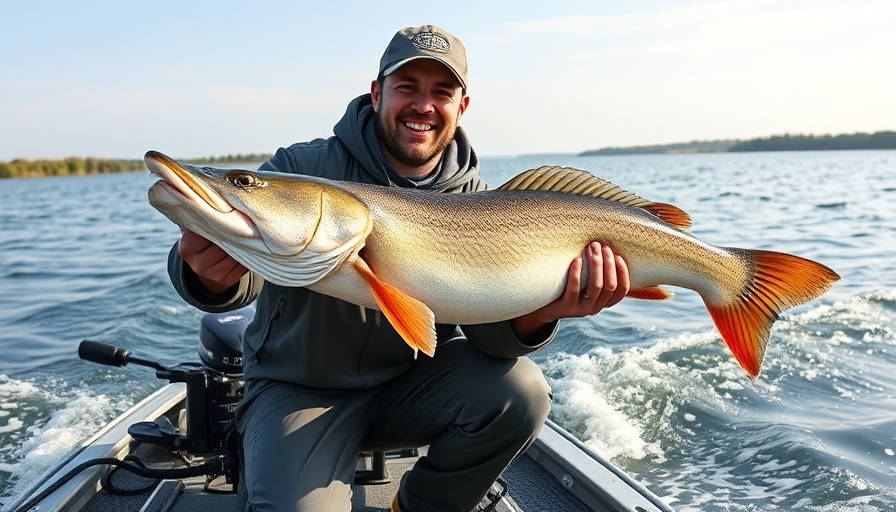 September trophy muskie fishing, angler on boat with large catch