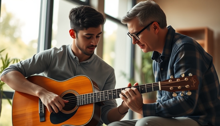 Wisconsin family activities: guitar lesson with mentor, indoor setting.