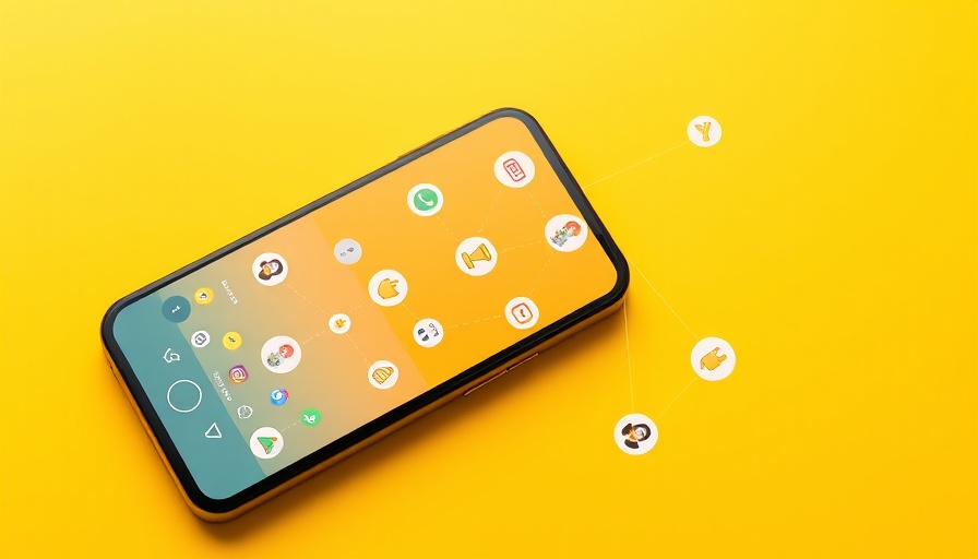 Minimalistic smartphone interface on yellow background with social media icons.