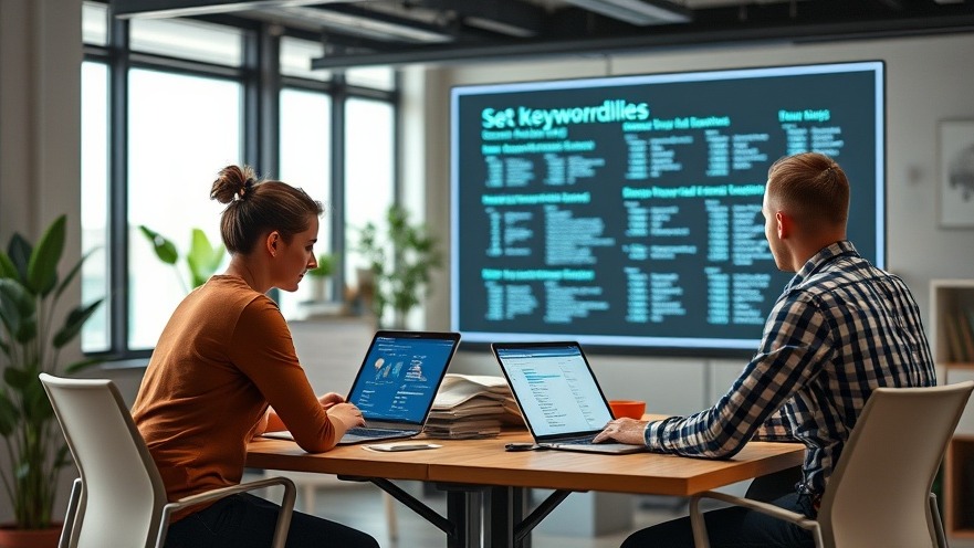 SEO team brainstorming keyword ideas in a photo-realistic office setting.