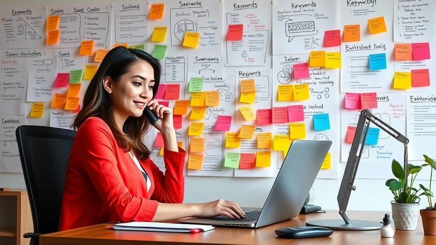 Inspired female marketer developing SEO strategies at her desk with colorful notes.