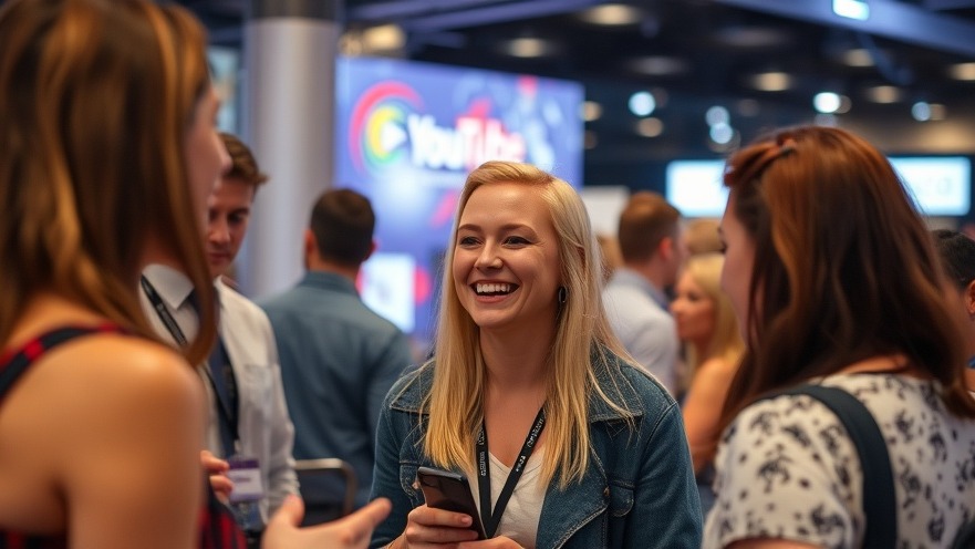 YouTube influencer networking with brands at an upbeat event, photo realistic.