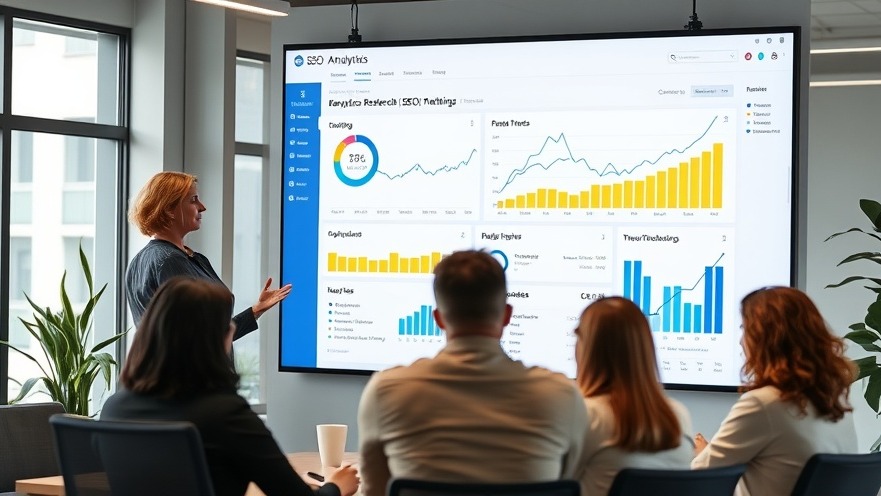 SEO analytics dashboard presentation by female leader showing keyword research trends.