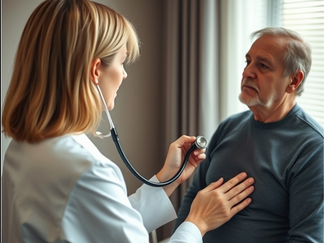 Realistic photo of a female doctor checking a man's heart with a stethoscope.