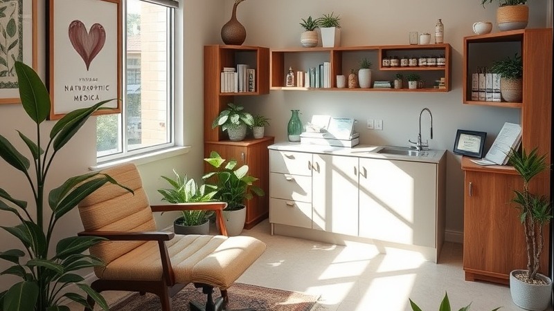 Naturopathic medical office interior with natural decor, no people present.